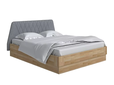 Modern Double Bed with Gray Diamond Pattern Headboard Wooden Frame and White Sheets 3d model
