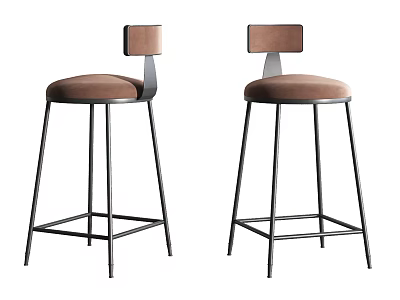 Modern Bar Stools With Square Backrest Brown Upholstered Seat And Black Metal Legs 3d model