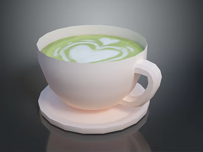 Creamy Matcha Latte In White Ceramic Cup With Heart Shaped Foam On Coaster 3d model