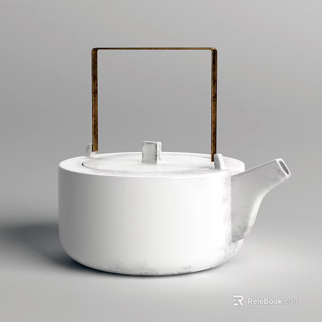 White Ceramic Teapot With Minimalist Design Brass Handle And Smooth Surface 3d model