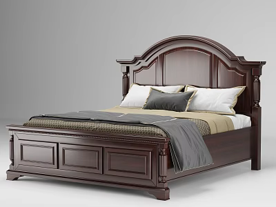 Classic Dark Brown Wooden Double Bed with Ornate Headboard and Comfortable Bedding 3d model