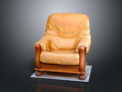 Classic Yellow Leather Single Sofa With Wooden Arms And Legs On Square Base 3d model