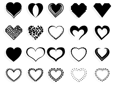 Various Black Heart Shapes With Different Stylized Patterns And Outlines 3d model