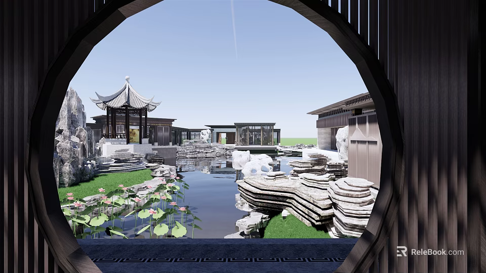 Chinese Courtyard Garden With Pond Lotus Leaves Rock Formations And Pavilion 3d model 