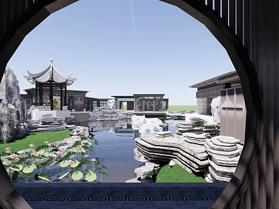 Chinese Courtyard Garden With Pond Lotus Leaves Rock Formations And Pavilion 3d model