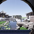 Chinese Courtyard Garden With Pond Lotus Leaves Rock Formations And Pavilion