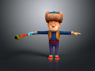 Cartoon Character Figure With Brown Hat Blue Shirt Purple Pants Red Shoes And Colorful Horn 3d model