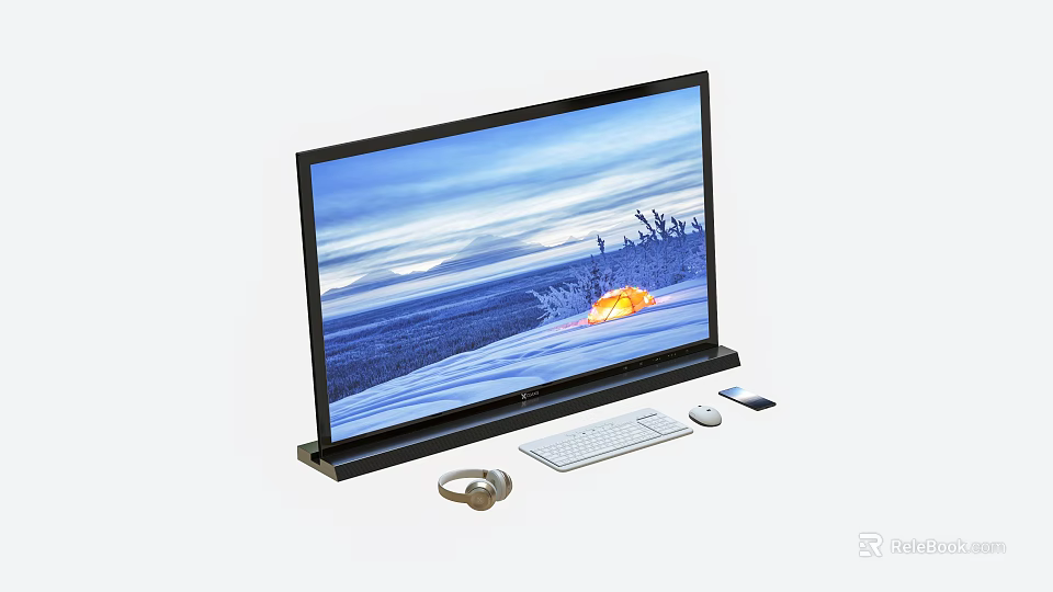 Modern Desktop Computer Setup With Monitor Keyboard Mouse Headphones And Smartphone 3d model 
