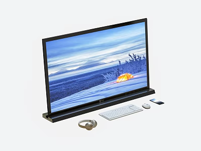 Modern Desktop Computer Setup With Monitor Keyboard Mouse Headphones And Smartphone 3d model