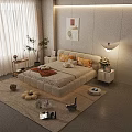 Modern Double Bed with Yellow Pillows and Orange Blanket in Light Bedroom Curtains Plant Decor