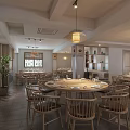 Modern Restaurant Interior With Wooden Tables Chairs Hanging Lamps Potted Plants And Partition Screens
