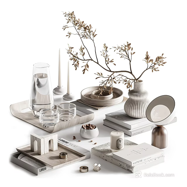Decorative Ornament Collection With Ceramic Vase Wooden Tray Scented Candles Stacked Books And Twig Decor 3d model 