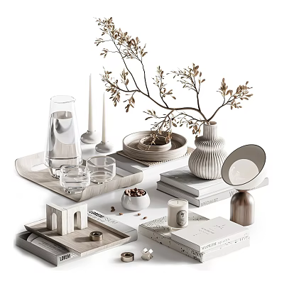 Decorative Ornament Collection With Ceramic Vase Wooden Tray Scented Candles Stacked Books And Twig Decor 3d model