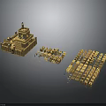 Detailed Wooden Building Block Set With Finished Castle Model And Scattered Blocks