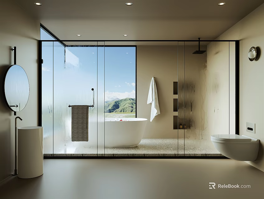 Modern Bathroom Interior With Glass Shower Freestanding Bathtub And Mountain View Window 3d model 