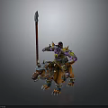 Warrior Character Riding Orange Horned Spiked Bear With Purple Yellow Armor And Spear
