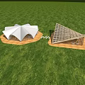 Modern Geometric Buildings With Curved And Angular Roofs On Green Lawn