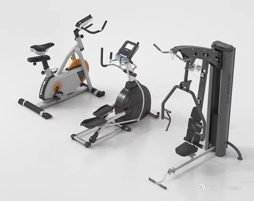 Home Gym Fitness Equipment With Stationary Bike Elliptical Trainer And Multi functional Machine 3d model 