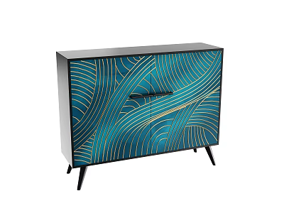 Modern Teal Sideboard With Gold Wavy Lines Patterned Surface And Black Legs 3d model