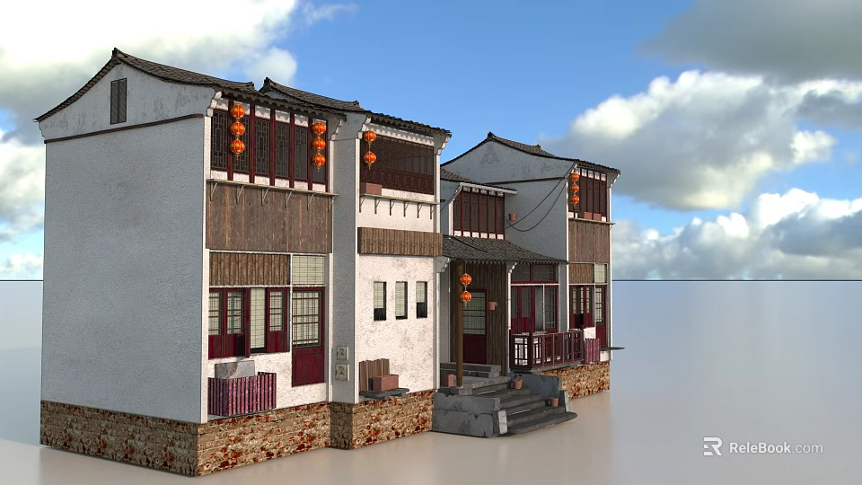 Traditional Chinese Ancient Architecture With White Walls Black Tiled Roofs Red Lanterns And Stone Steps 3d model 