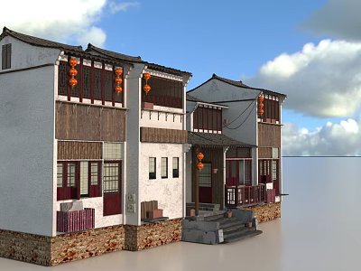 Traditional Chinese Ancient Architecture With White Walls Black Tiled Roofs Red Lanterns And Stone Steps 3d model