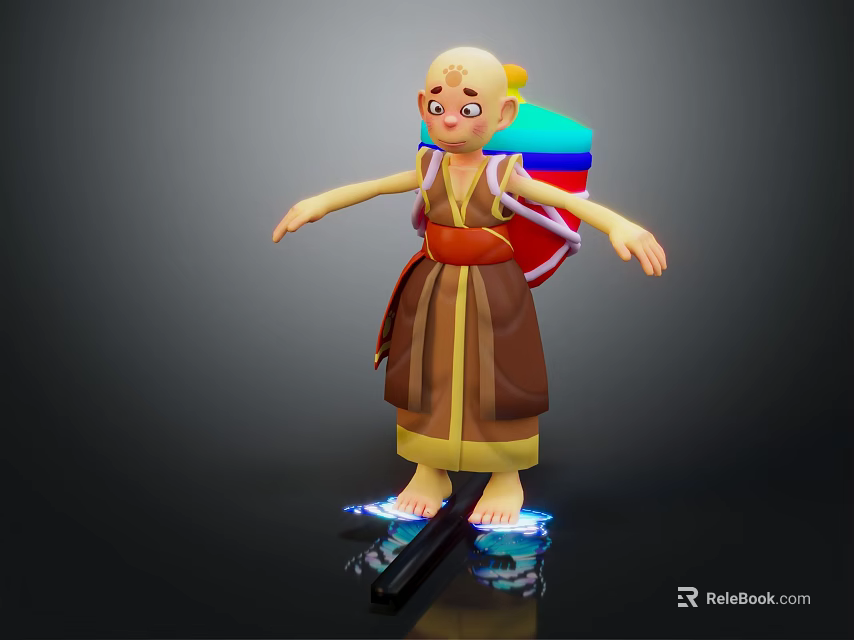 Bald Child In Brown Robe With Red Belt And Colorful Backpack Standing On Glowing Platform 3d model 