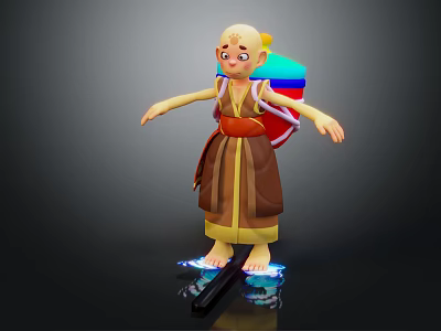 Bald Child In Brown Robe With Red Belt And Colorful Backpack Standing On Glowing Platform 3d model