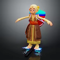 Bald Child In Brown Robe With Red Belt And Colorful Backpack Standing On Glowing Platform