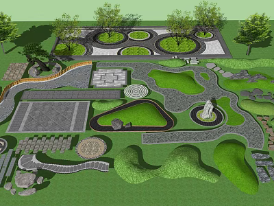 Landscaped Courtyard Garden Design With Curved Pathways Circular Lawn Areas Stone Decorations And Trees 3d model