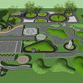 Landscaped Courtyard Garden Design With Curved Pathways Circular Lawn Areas Stone Decorations And Trees