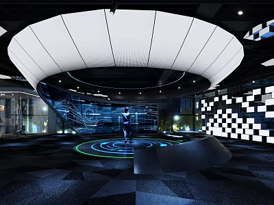 Modern Tech Exhibition Interior With Curved White Ceiling Circular Floor And Checkered Wall Screens 3d model