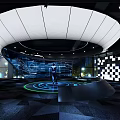 Modern Tech Exhibition Interior With Curved White Ceiling Circular Floor And Checkered Wall Screens 3d model