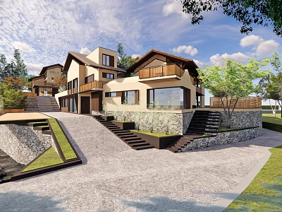 Rustic Modern Guesthouse Building With Wooden Facade Large Windows And Stone Terrace Surrounded by Trees 3d model