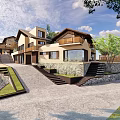 Rustic Modern Guesthouse Building With Wooden Facade Large Windows And Stone Terrace Surrounded by Trees
