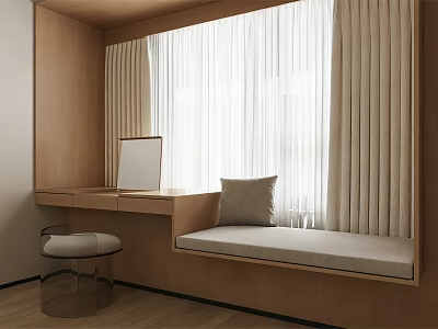 Minimalist Modern Bedroom With Wooden Window Nook Dressing Table And Acrylic Stool 3d model