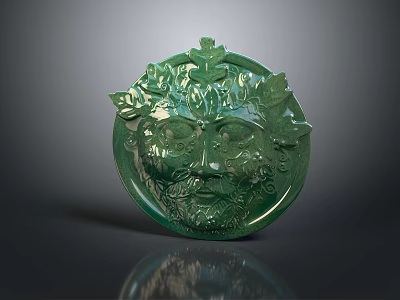 Green Circular Weapon With Carved Human Face And Leaf Decorations Design 3d model