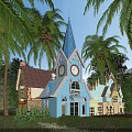 Charming Detached Villa With Blue Spire Clock Tower Colorful Roofs And Palm Trees Green Vegetation