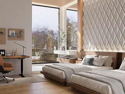 Modern Hotel Room With Twin Beds Large Windows Decorative Diamond Wall And Tree View 3d model