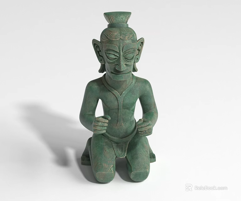 Ancient Green Landscape Sculpture Depicting Kneeling Figure With Crested Head Large Ears And Clasped Hands 3d model 