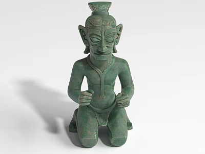 Ancient Green Landscape Sculpture Depicting Kneeling Figure With Crested Head Large Ears And Clasped Hands 3d model