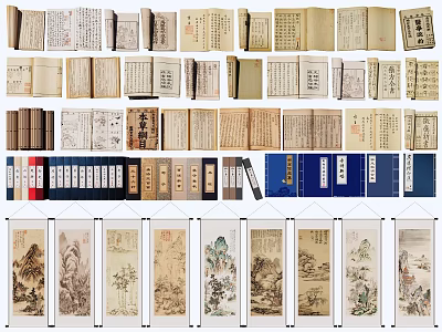 Ancient Chinese Books and Scrolls Collection with Traditional Bindings and Classic Texts 3d model