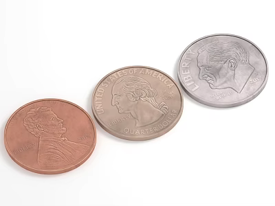 Three US Coins With Copper And Silver Colors And Portraits On White Background 3d model