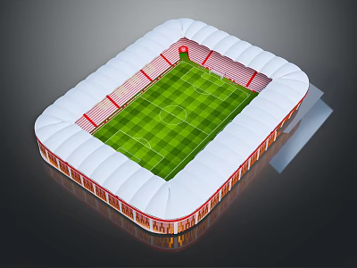 Modern Football Stadium With White Roof Red Stands And Green Grass Pitch 3d model