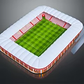 Modern Football Stadium With White Roof Red Stands And Green Grass Pitch
