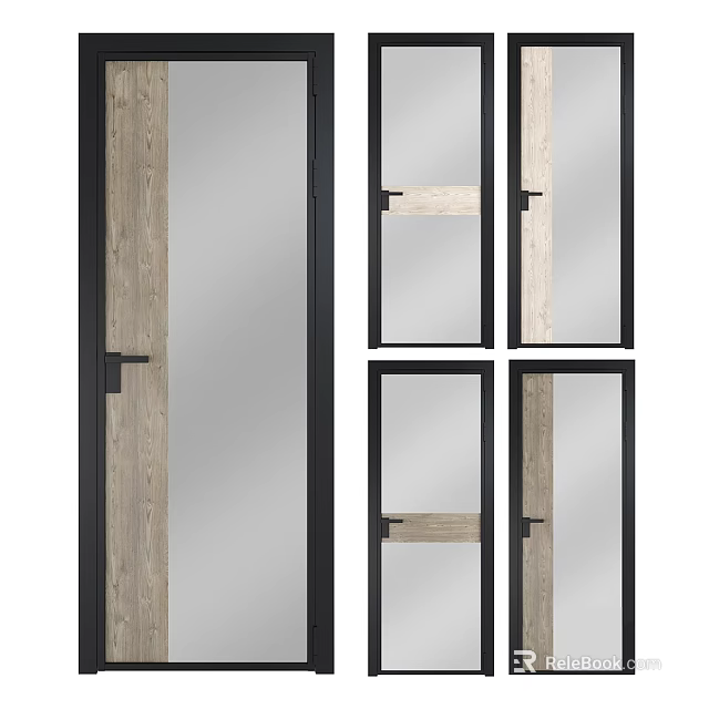 Four Modern Hinged Doors with Glass and Wood Panels Black Frame Design 3d model 