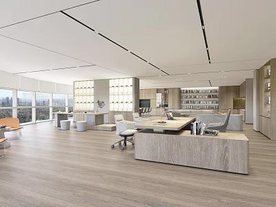 Modern Office Interior With Large Windows Wooden Floor Desk And Bookshelves 3d model