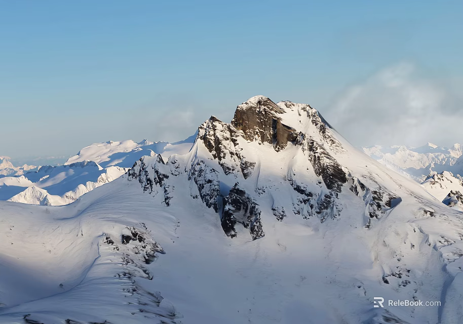 Snowy Mountain Peak With Snow Covered Slopes Rocky Outcrops Under Clear Blue Sky 3d model 