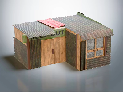 Wooden Hut Model With HELP OUT Sign Red Roof Section And Windows 3d model