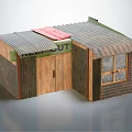 Wooden Hut Model With HELP OUT Sign Red Roof Section And Windows