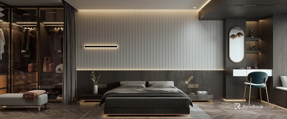 Modern Bedroom Interior Design With Vertical Striped Accent Wall Ambient Lighting Large Bed And Nightstands 3d model 